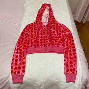 Pink and red heart cropped velvet sweatshirt with hood